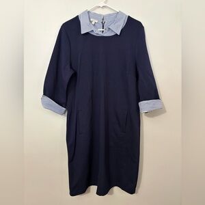 NWT Coastal Preppy Talbots Navy Cotton Collared 3/4 Sleeve Shift Dress